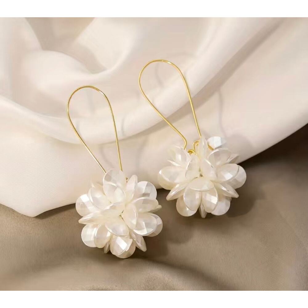White Pearlized Cluster Flower Ball Earrings on long Gold Wire